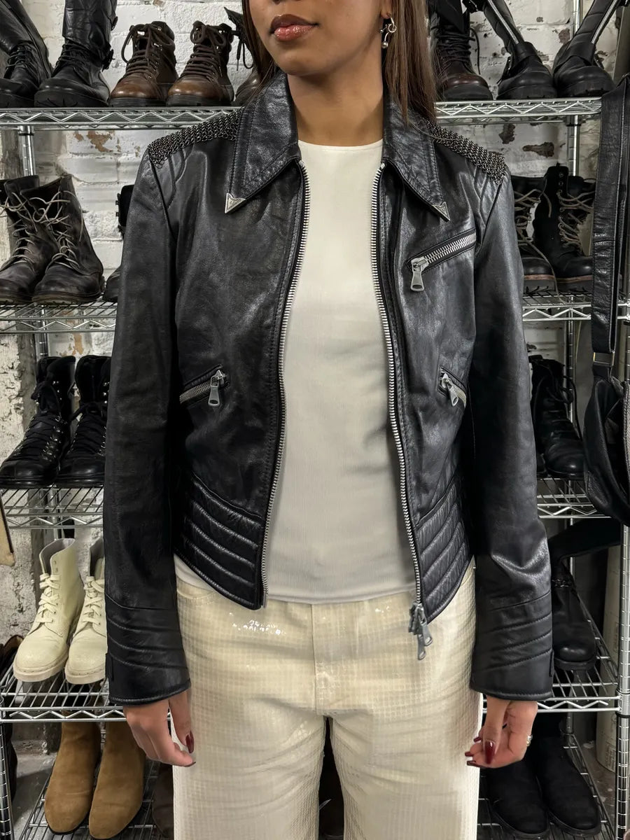 2000s Armani Black Leather Metallic Rock Embellished Jacket pkvzLwq 1