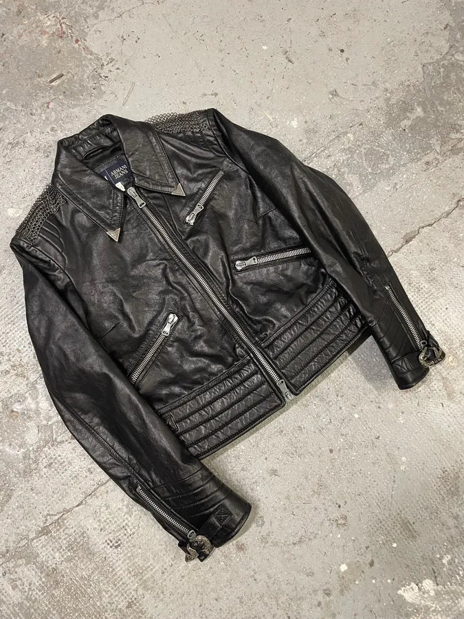2000s Armani Black Leather Metallic Rock Embellished Jacket pkvzLwq 4