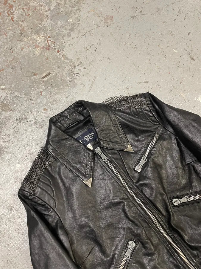 2000s Armani Black Leather Metallic Rock Embellished Jacket pkvzLwq 5