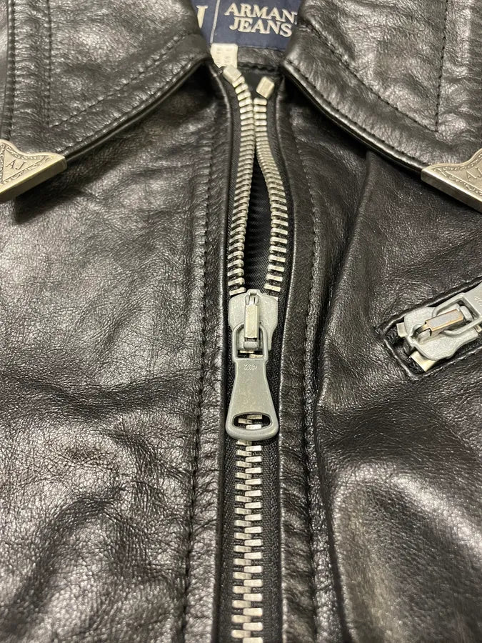 2000s Armani Black Leather Metallic Rock Embellished Jacket pkvzLwq 7