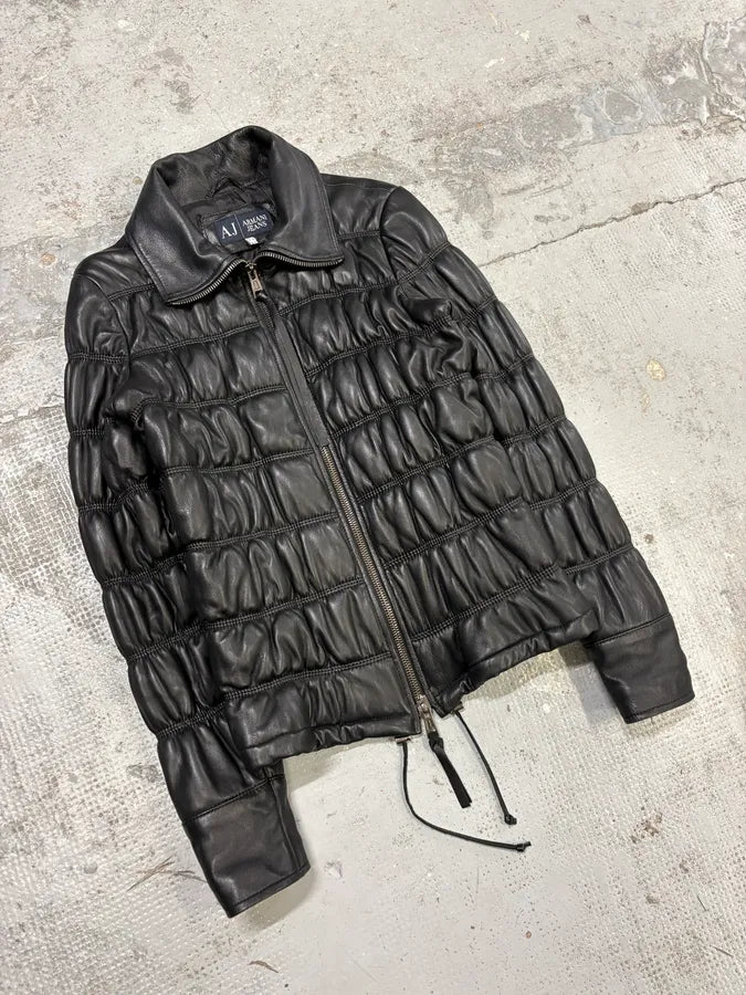 2000s Armani Black Leather Puffer Jacket  NWQhQYT 3