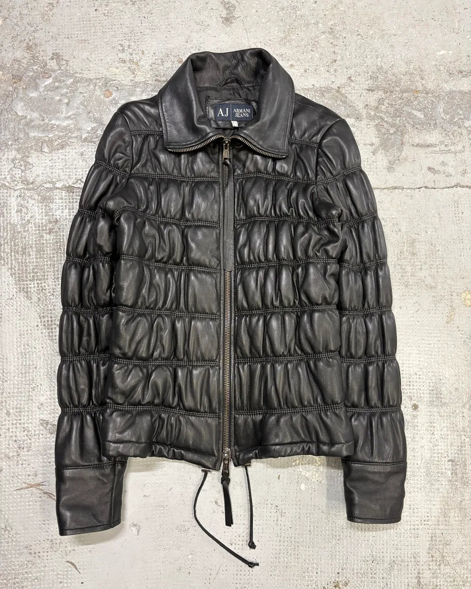 2000s Armani Black Leather Puffer Jacket  NWQhQYT 0