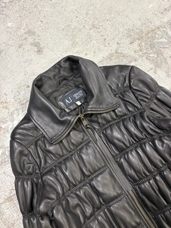 2000s Armani Black Leather Puffer Jacket  NWQhQYT 4