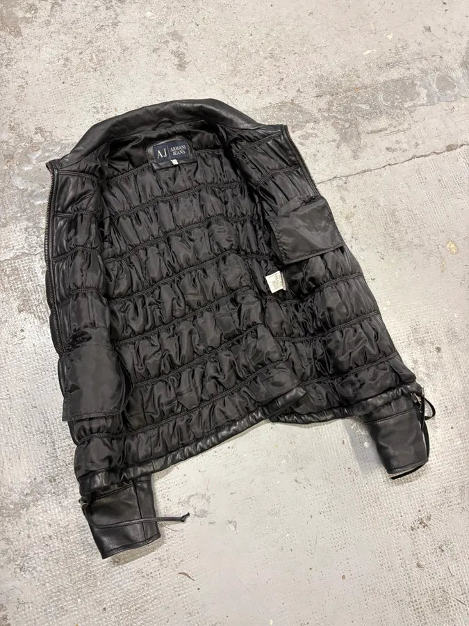 2000s Armani Black Leather Puffer Jacket  NWQhQYT 6