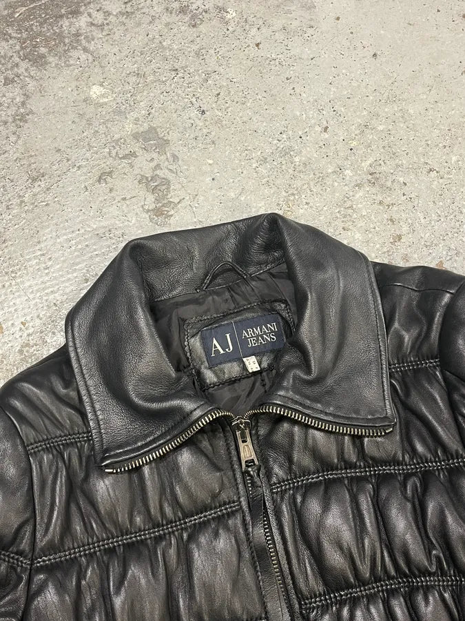 2000s Armani Black Leather Puffer Obscure Jacket zVPgVOY 4