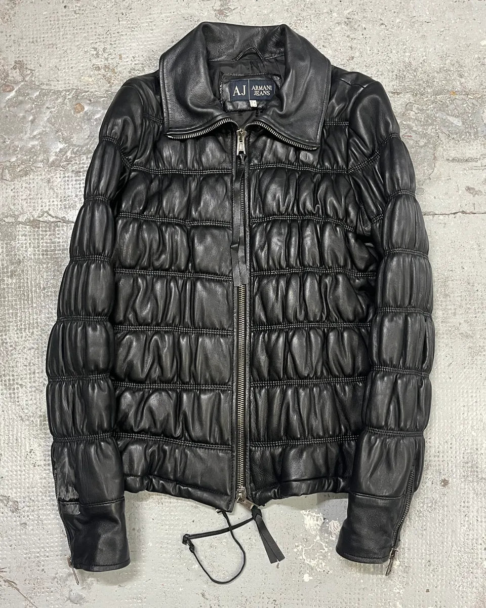 2000s Armani Black Leather Puffer Obscure Jacket zVPgVOY 0