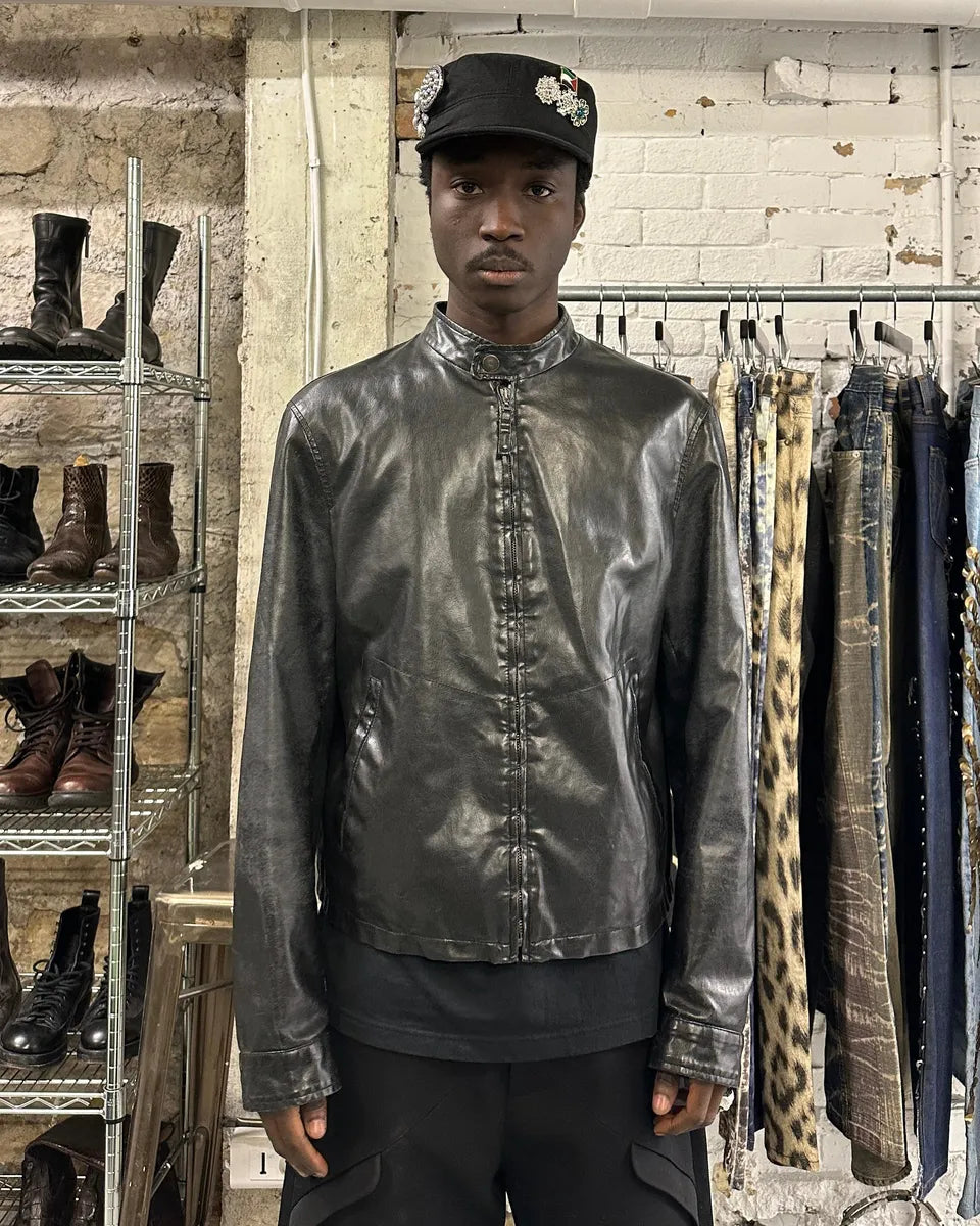 2000s Armani Black Minimalist Eroded Leather Jacket FYxWBgp 0