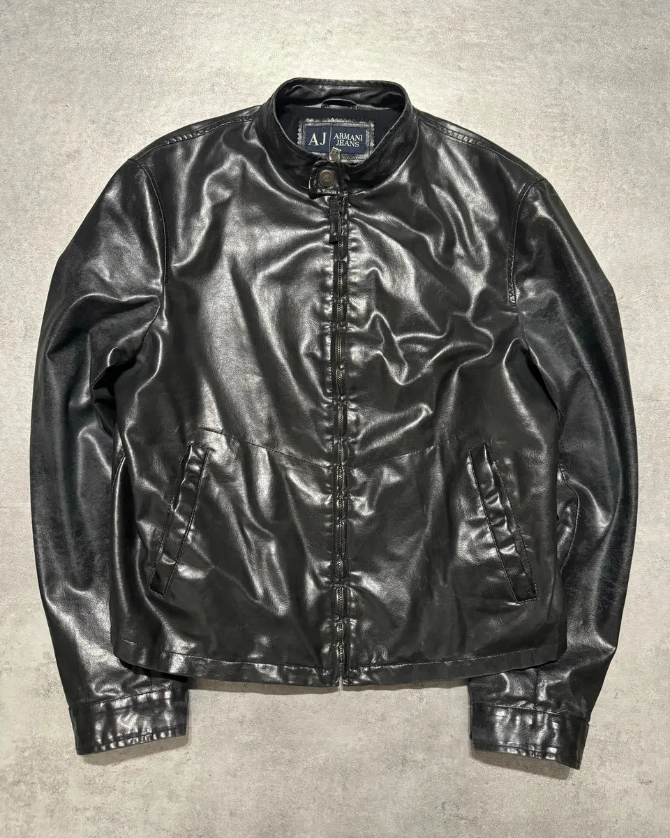 2000s Armani Black Minimalist Eroded Leather Jacket FYxWBgp 1