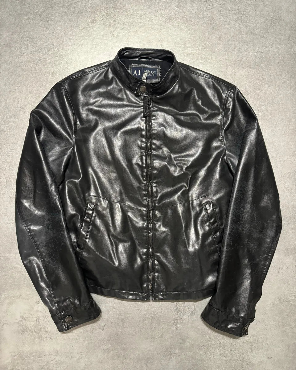 2000s Armani Black Minimalist Eroded Leather Jacket FYxWBgp 3