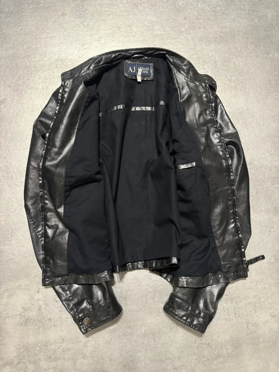 2000s Armani Black Minimalist Eroded Leather Jacket FYxWBgp 6