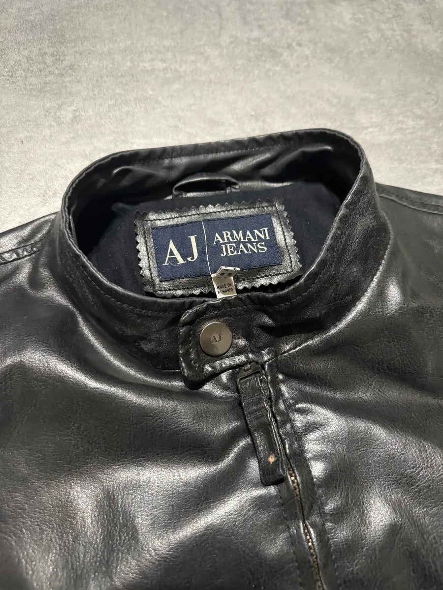 2000s Armani Black Minimalist Eroded Leather Jacket FYxWBgp 9