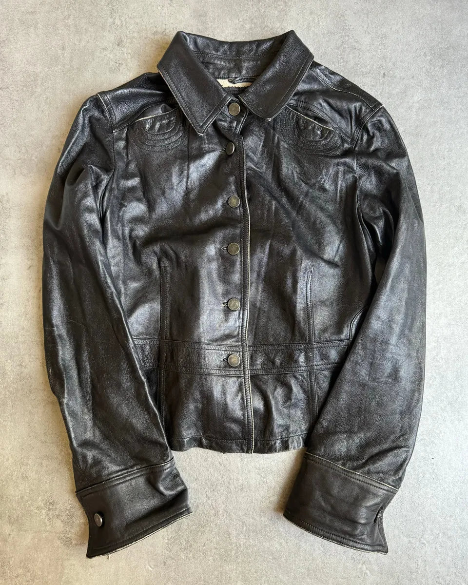 2000s Armani Black Padded Biker Leather Jacket cpVcLkg 0