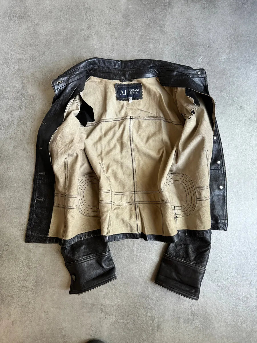 2000s Armani Black Padded Biker Leather Jacket cpVcLkg 1