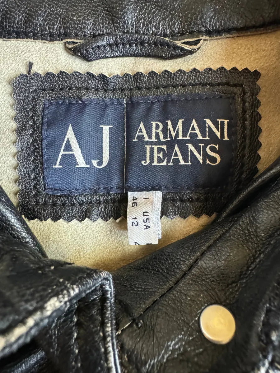 2000s Armani Black Padded Biker Leather Jacket cpVcLkg 4