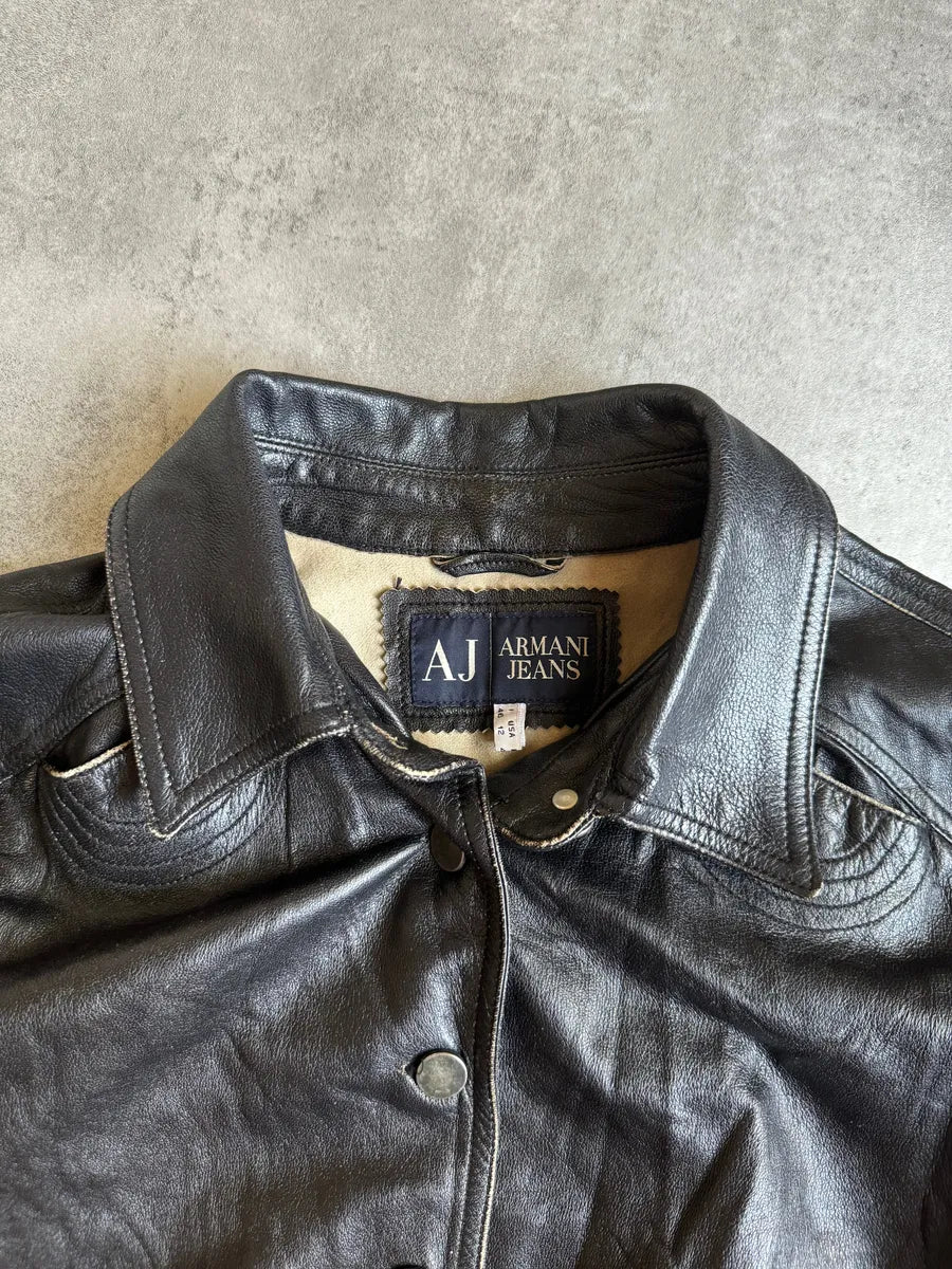 2000s Armani Black Padded Biker Leather Jacket cpVcLkg 5