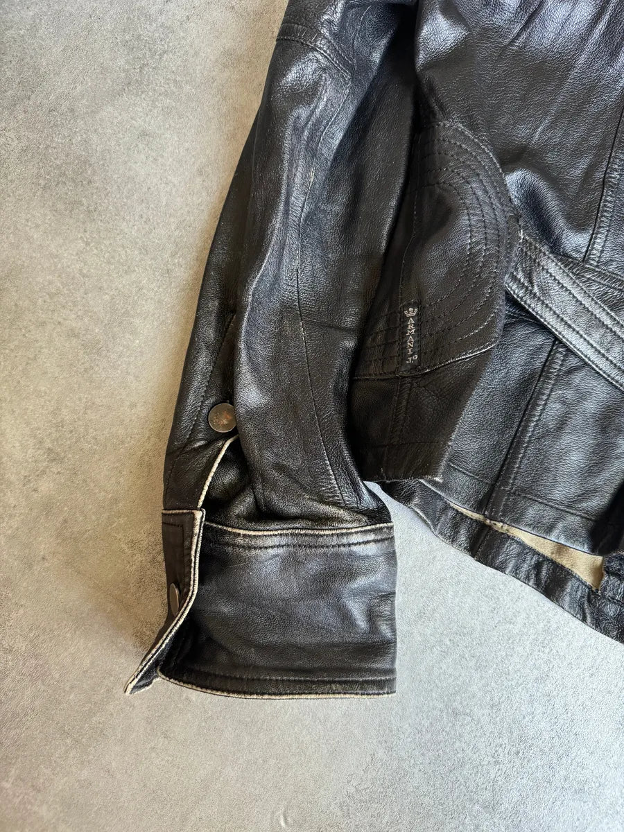 2000s Armani Black Padded Biker Leather Jacket cpVcLkg 6