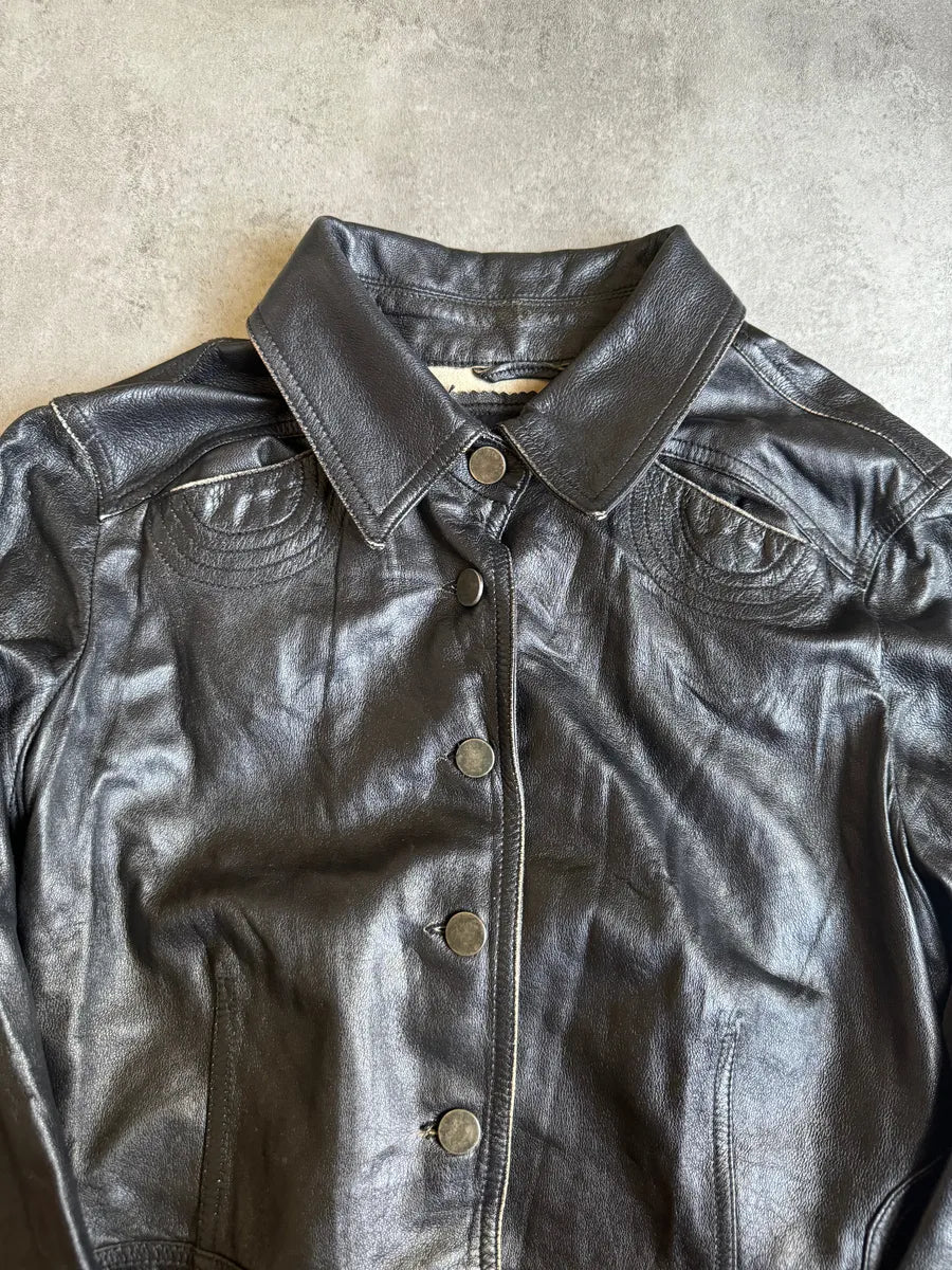 2000s Armani Black Padded Biker Leather Jacket cpVcLkg 7