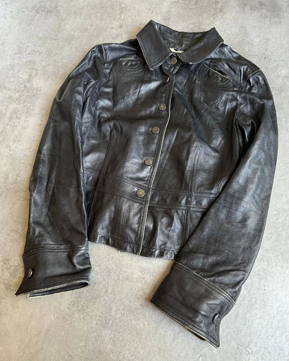 2000s Armani Black Padded Biker Leather Jacket cpVcLkg 8