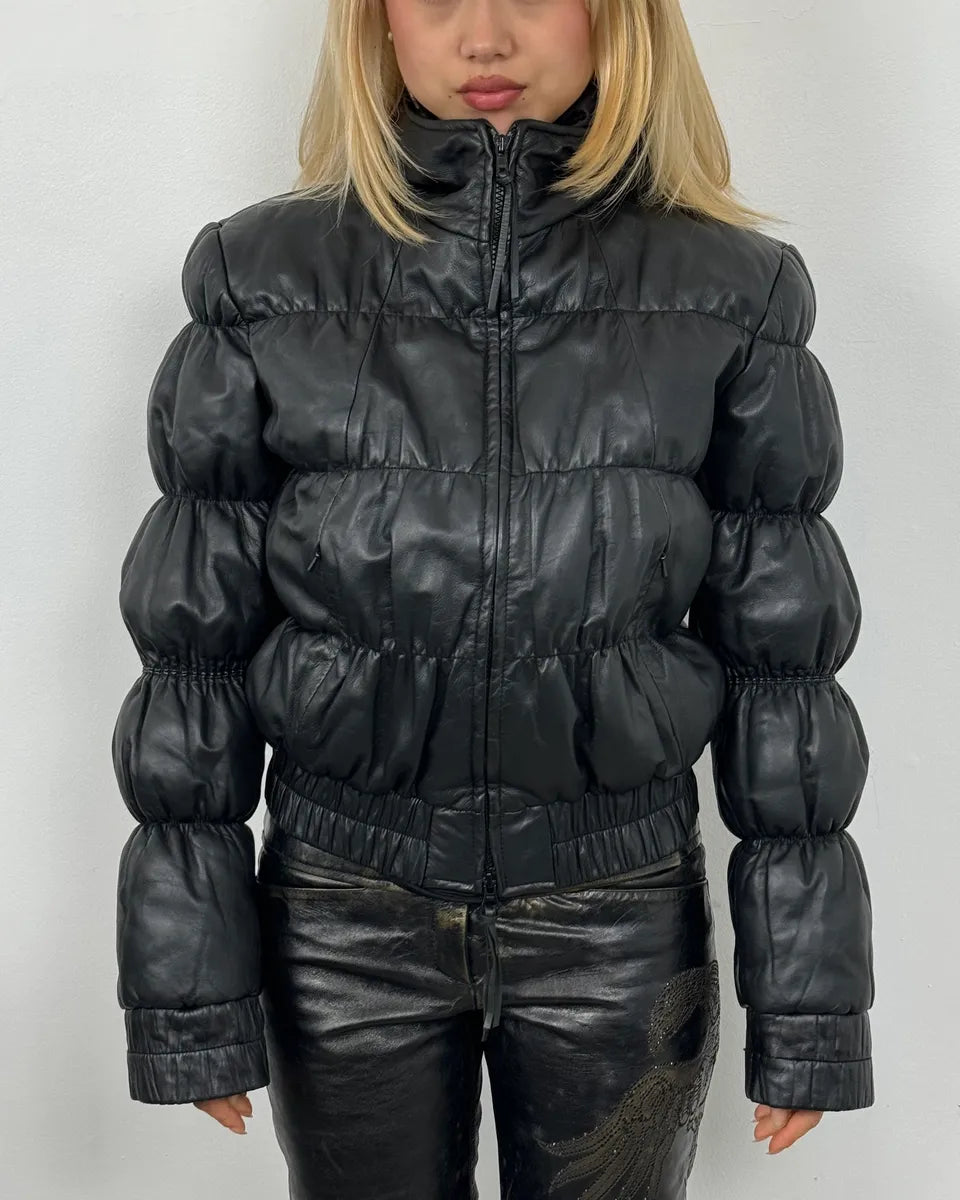 2000s Armani Black Puffer Leather Jacket NxxGEBp 0