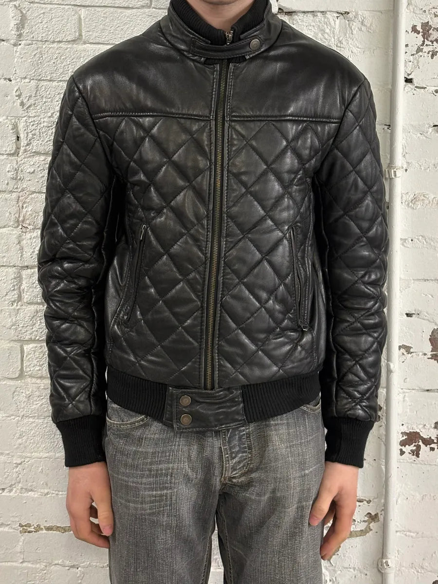 2000s Armani Black Quilted Leather Bomber Jacket cWfDUce 1