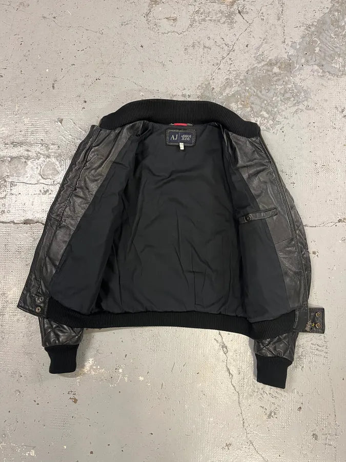 2000s Armani Black Quilted Leather Bomber Jacket cWfDUce 8