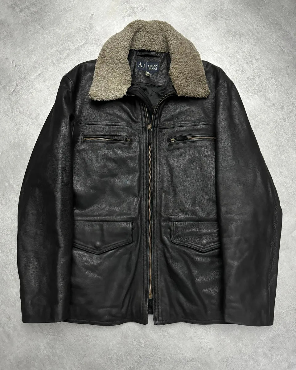 2000s Armani Black Shearling Biker Minimalist Leather Jacket BEBveCd 0
