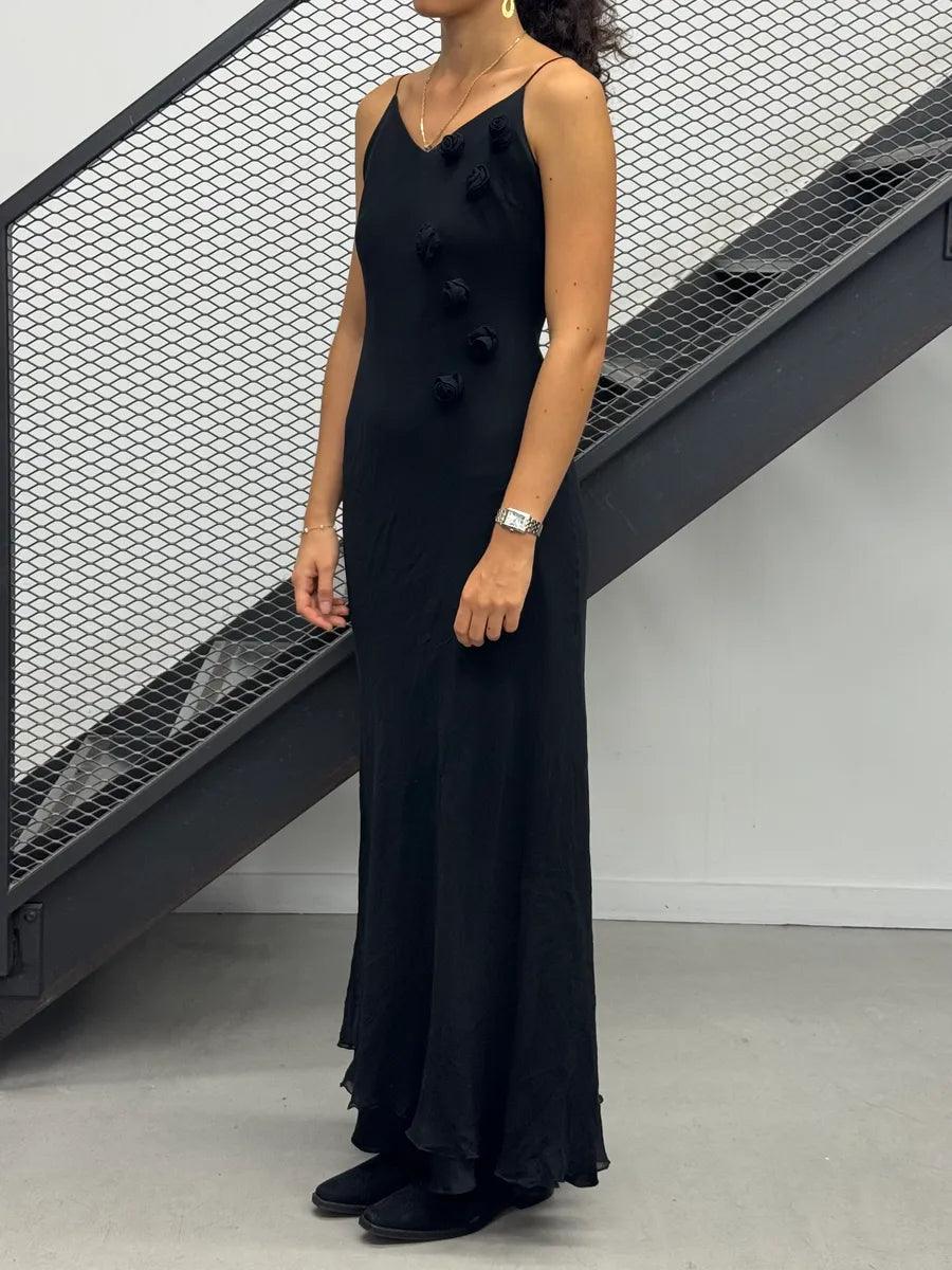 2000s Armani Black Silk Roses Evening Maxi Dress jJROgrX 1