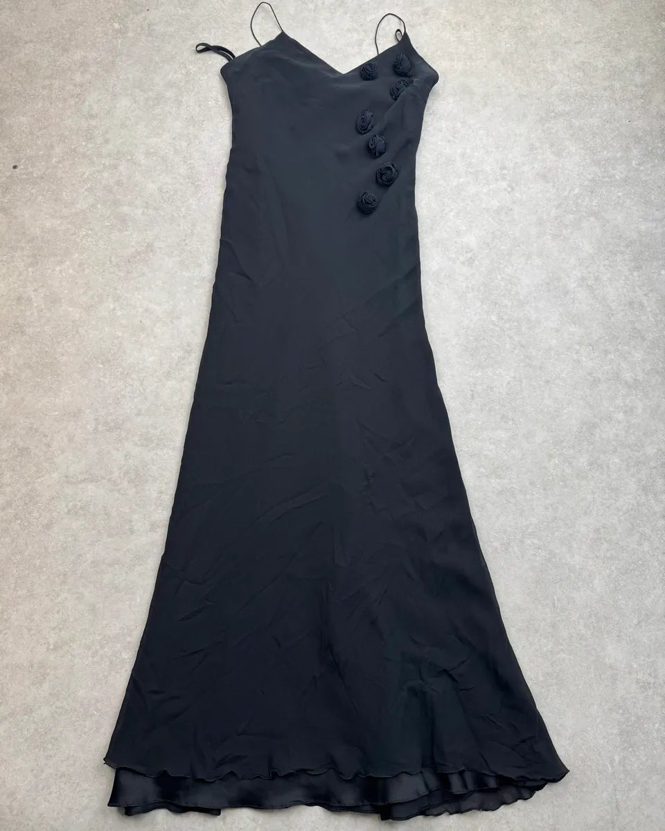 2000s Armani Black Silk Roses Evening Maxi Dress jJROgrX 3