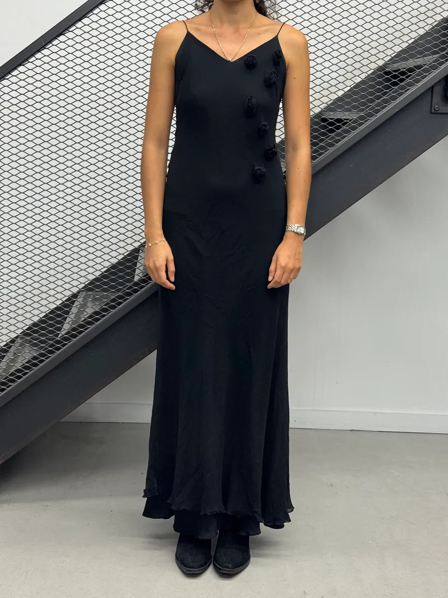 2000s Armani Black Silk Roses Evening Maxi Dress jJROgrX 0