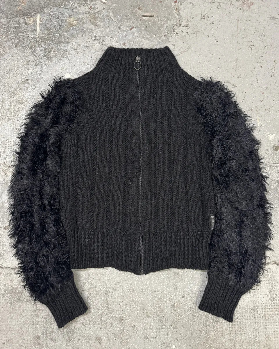 2000s Armani Black Wool Fur Effect Arms Zip-Up Sweater (S) 0
