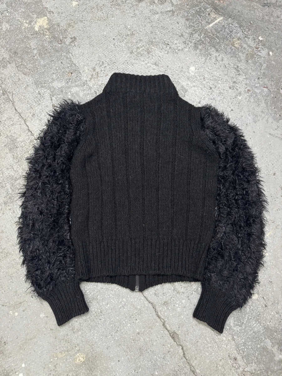 2000s Armani Black Wool Fur Effect Arms Zip-Up Sweater (S) 1