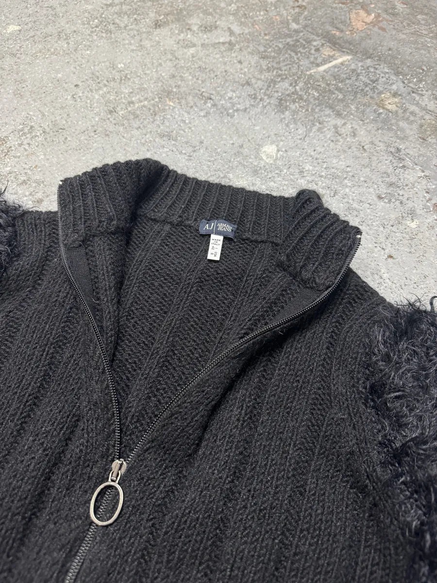 2000s Armani Black Wool Fur Effect Arms Zip-Up Sweater (S) 2