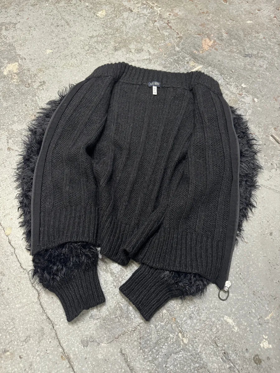 2000s Armani Black Wool Fur Effect Arms Zip-Up Sweater (S) 3