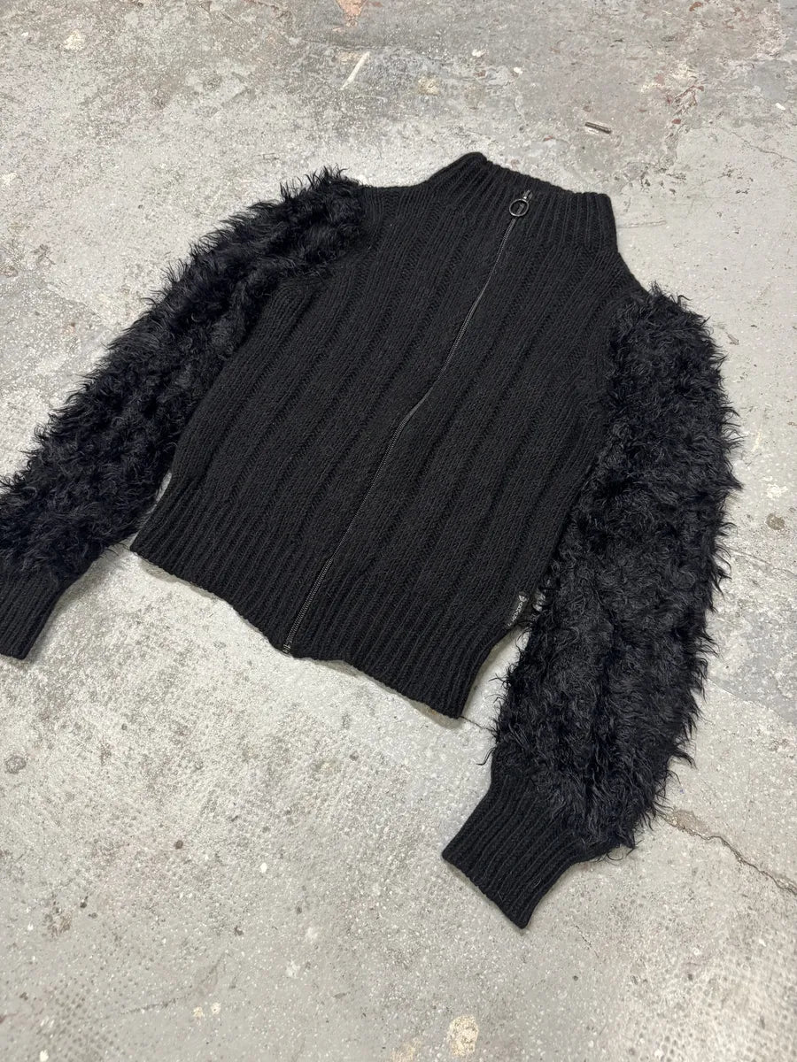 2000s Armani Black Wool Fur Effect Arms Zip-Up Sweater (S) 4