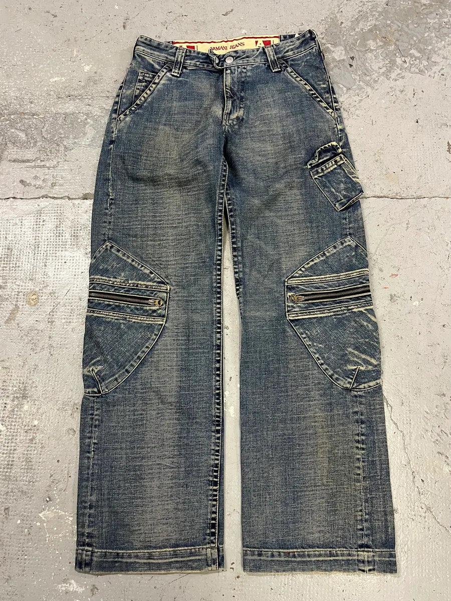 2000s Armani Blue Cargo Double Knee Biker Denim Jeans 2000s Armani Blue Cargo Double Knee Biker Denim Jeans