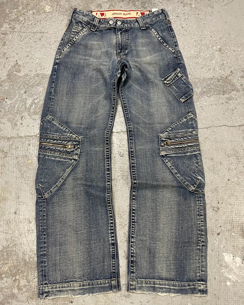 2000s Armani Blue Cargo Faded Denim Jeans (S/M) OsUPruo 1