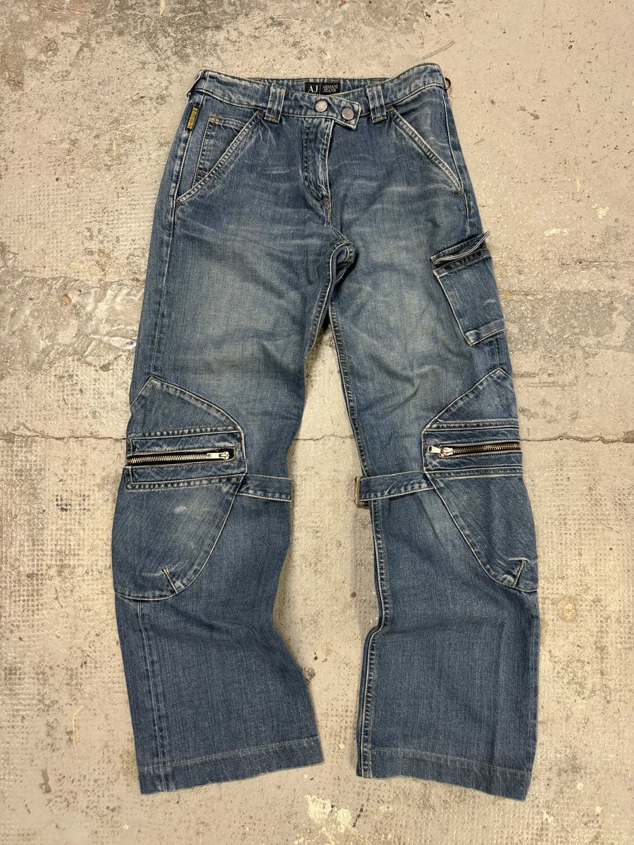 2000s Armani Blue Double Knee Cargo Bondage Denim Jeans fqfjJjo 0