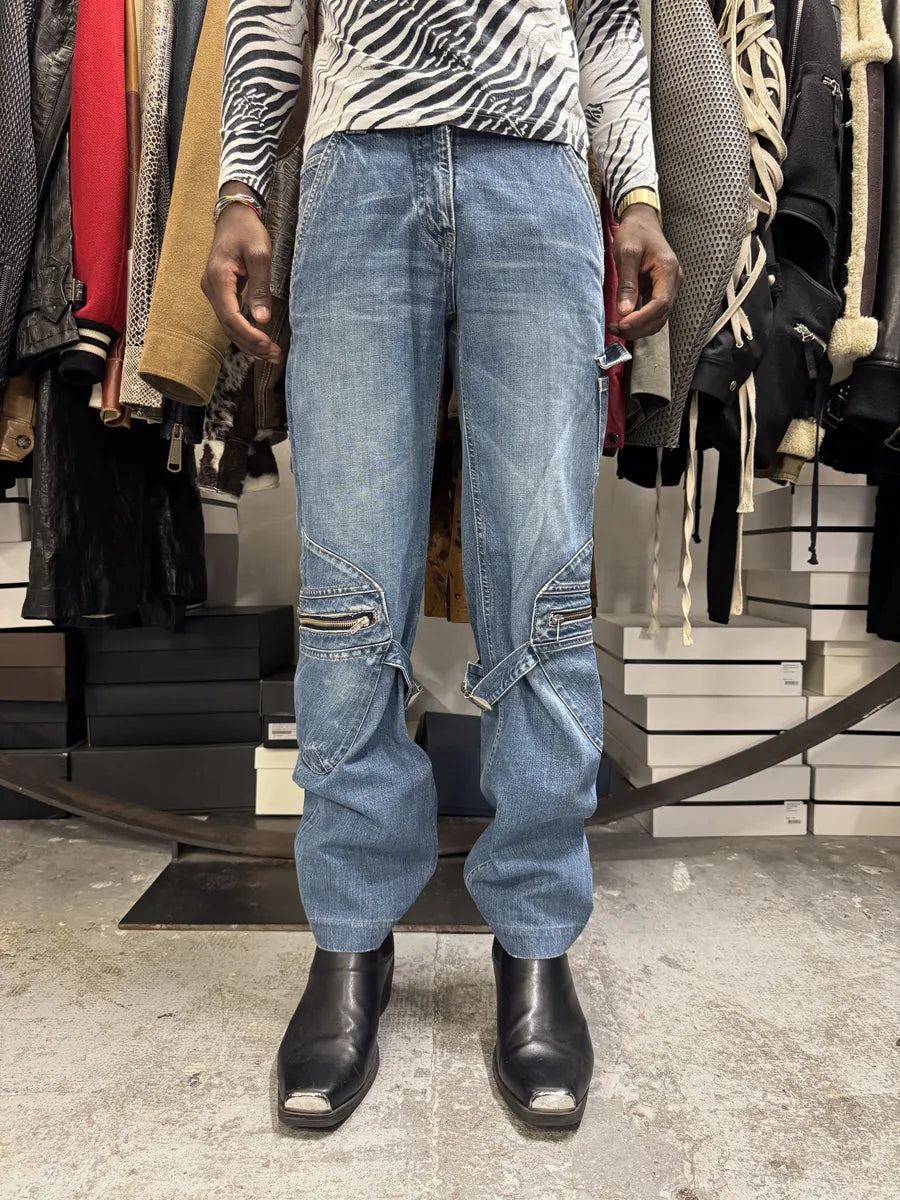 2000s Armani Blue Double Knee Cargo Bondage Denim Jeans fqfjJjo 0