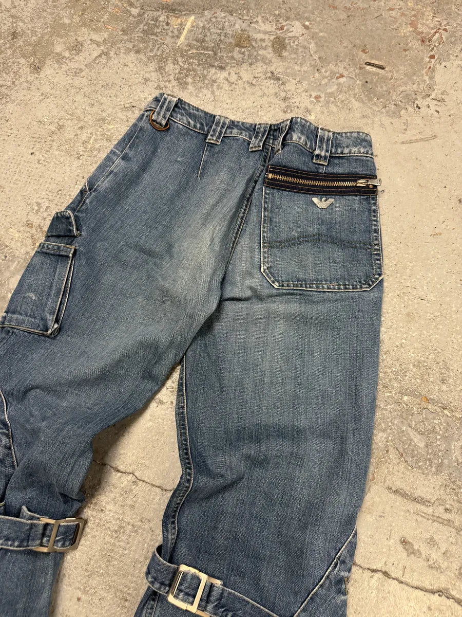 2000s Armani Blue Double Knee Cargo Bondage Denim Jeans fqfjJjo 10