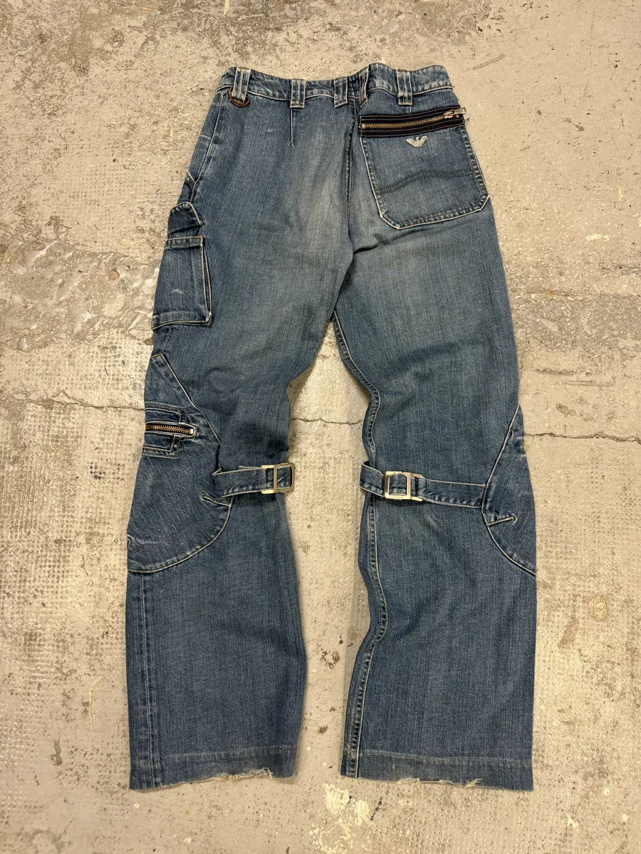 2000s Armani Blue Double Knee Cargo Bondage Denim Jeans fqfjJjo 4