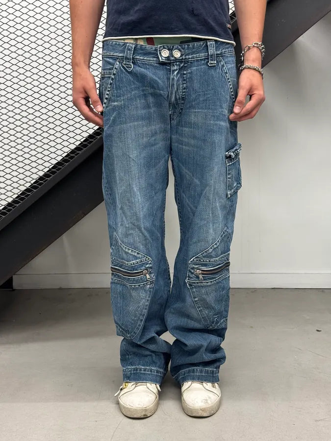2000s Armani Blue Double Knee Denim Cargo Jeans xYtXaff 0