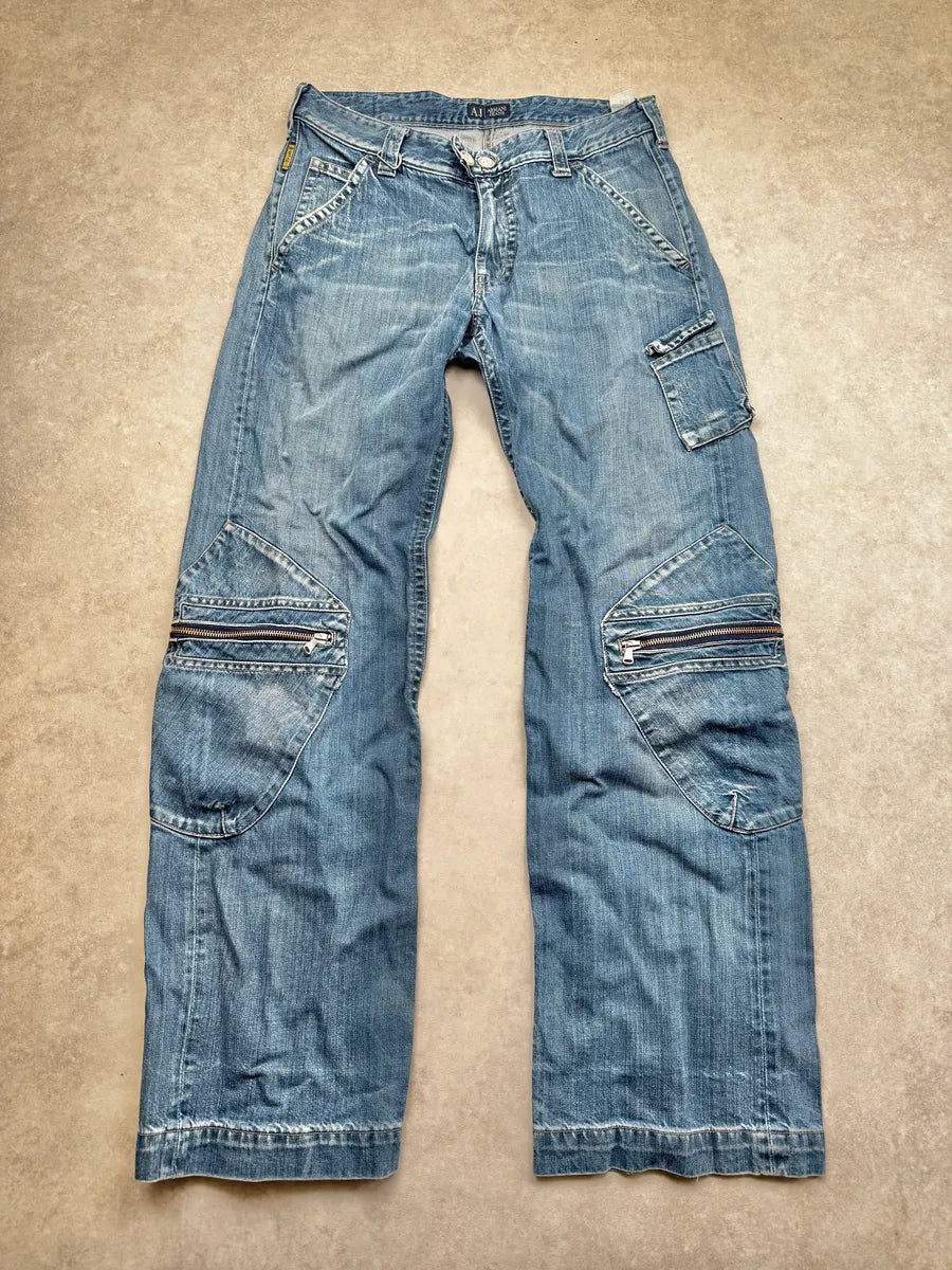 2000s Armani Blue Double Knee Denim Cargo Jeans xYtXaff 3