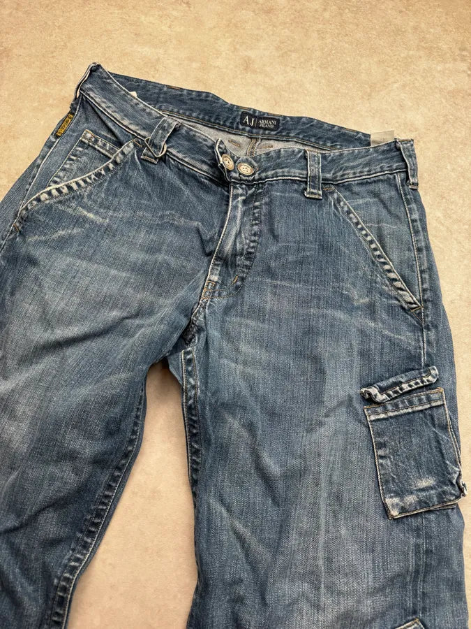 2000s Armani Blue Double Knee Denim Cargo Jeans xYtXaff 5