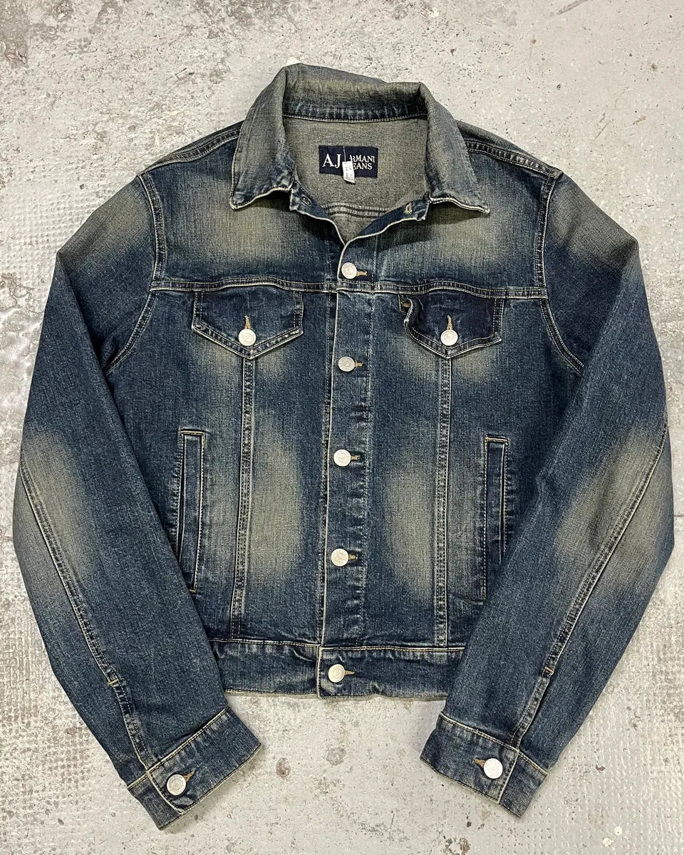 2000s Armani Blue Eroded Denim Jacket GttYqbg 0