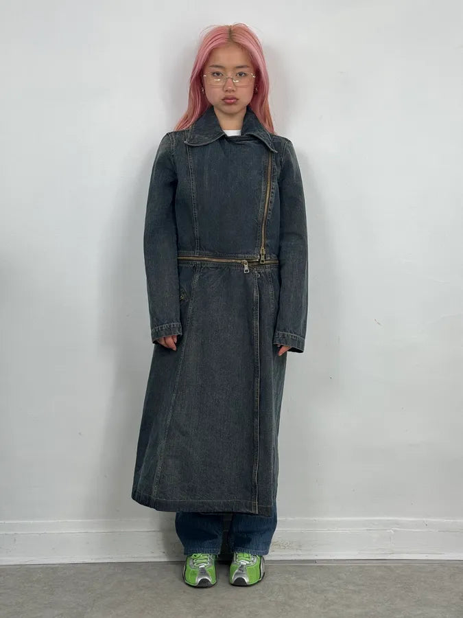2000s Armani Blue Multi-Zips Denim Trench Coat RvTeqKo 1