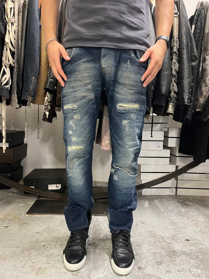 2000s Armani Blue Straight Distressed Faded Denim Jeans LNfISBZ 1