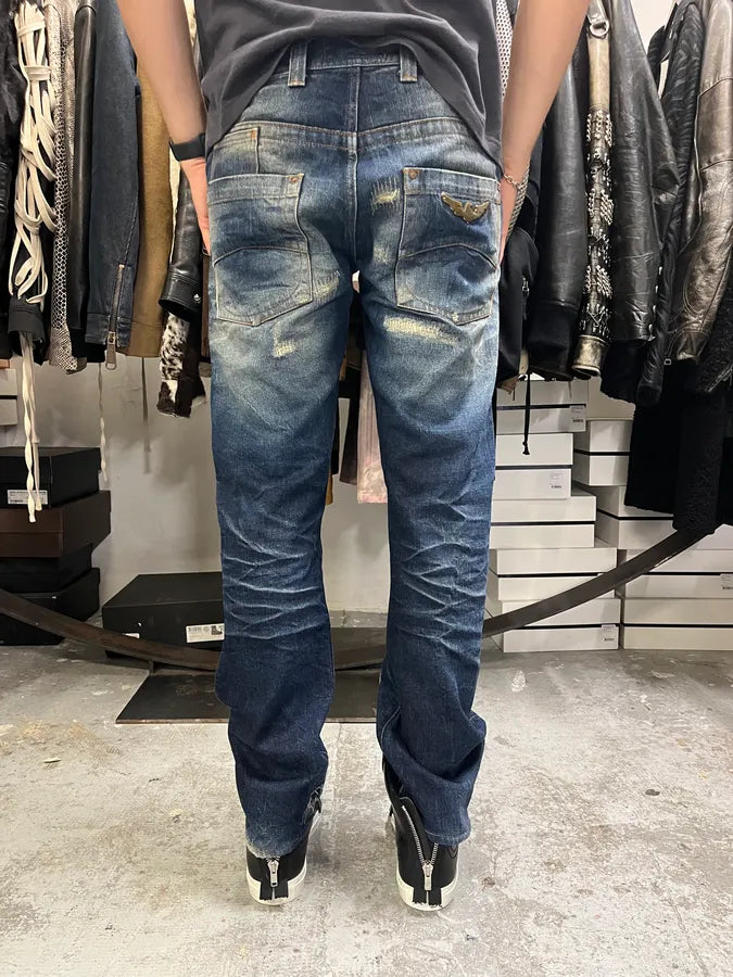 2000s Armani Blue Straight Distressed Faded Denim Jeans LNfISBZ 3