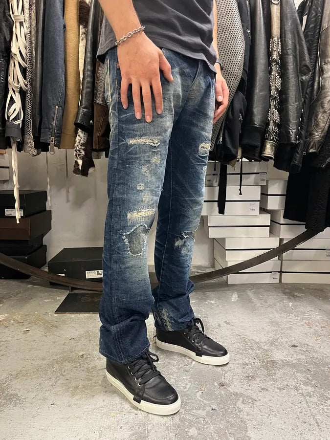 2000s Armani Blue Straight Distressed Faded Denim Jeans LNfISBZ 2