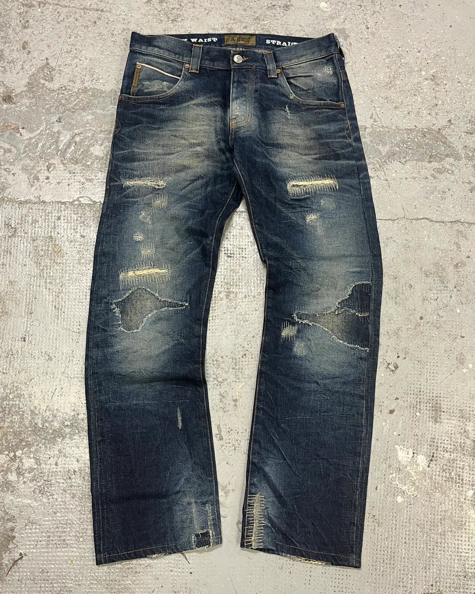 2000s Armani Blue Straight Distressed Faded Denim Jeans LNfISBZ 0
