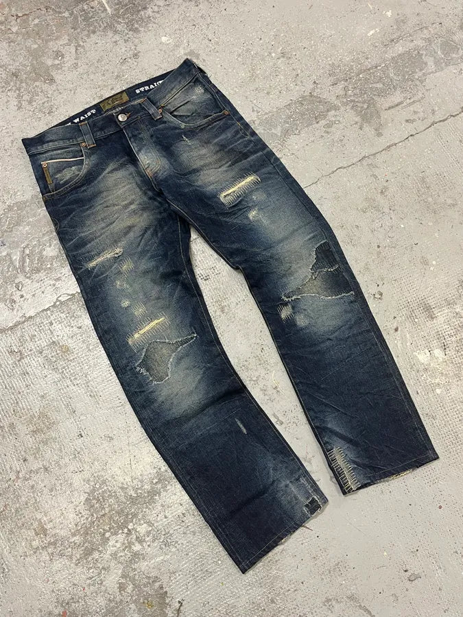 2000s Armani Blue Straight Distressed Faded Denim Jeans LNfISBZ 4
